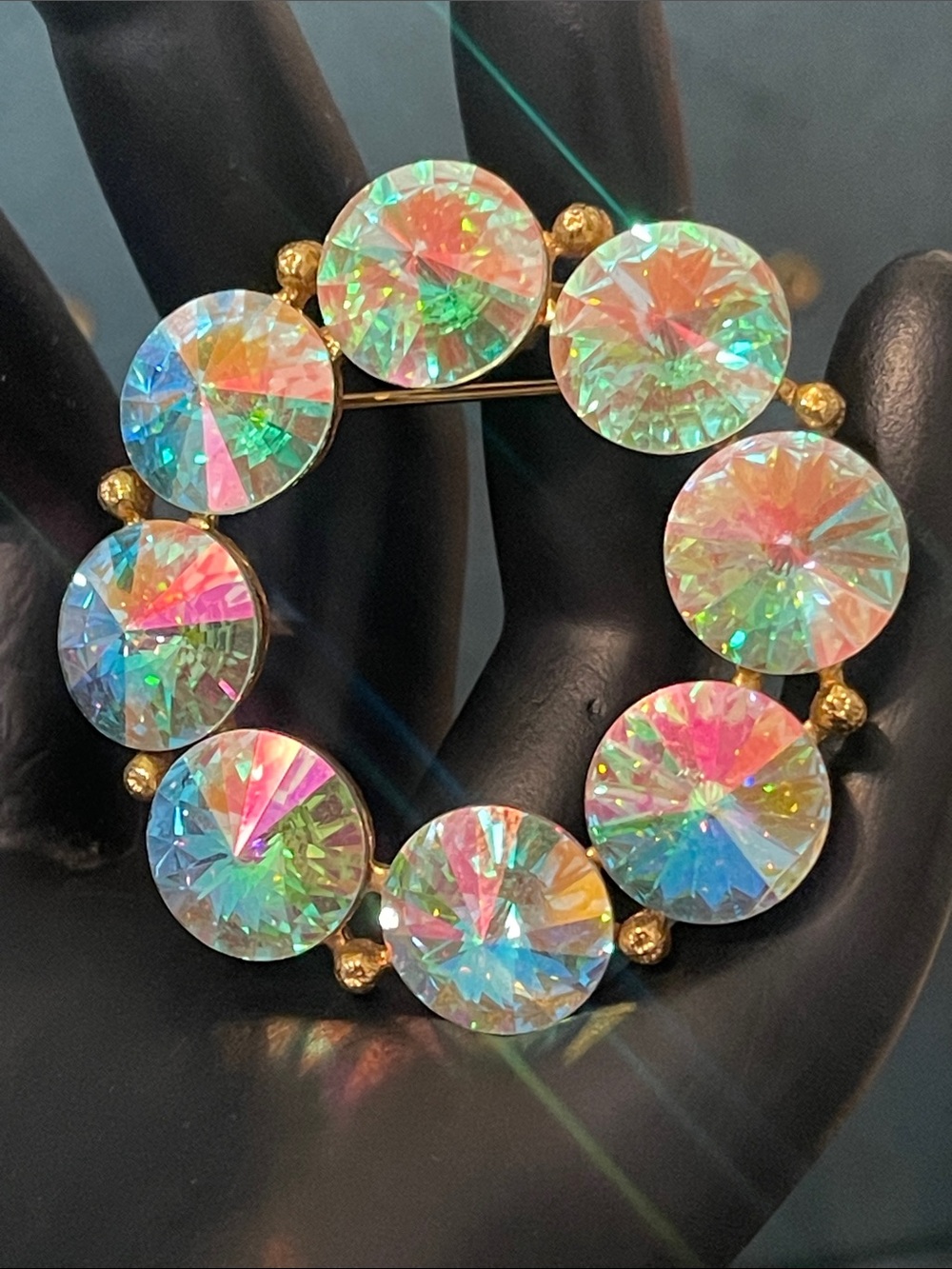 Vintage Weiss Aurora Borealis Rivoli Wreath Brooch
